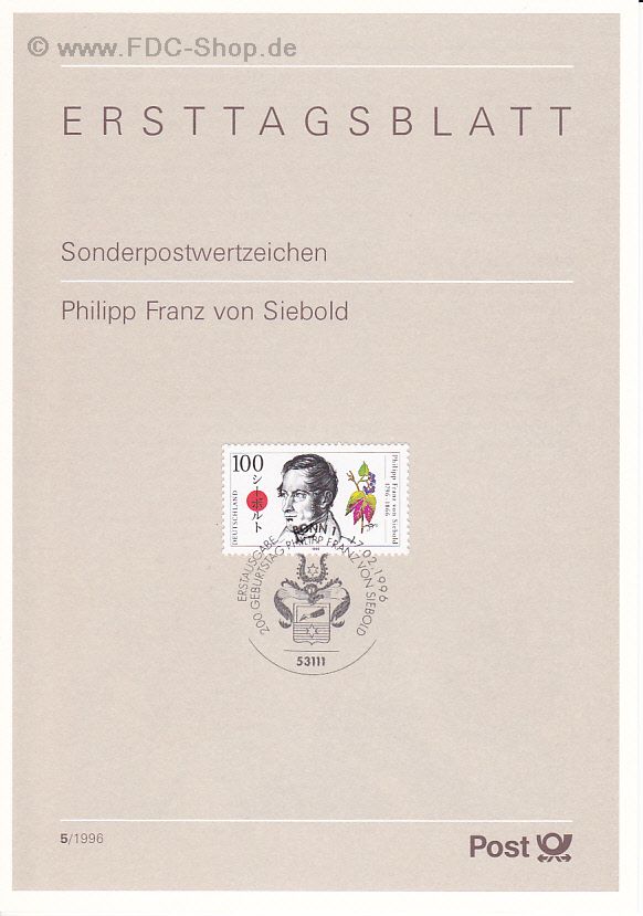 Ersttagsblatt BUND (05/1996) Mi-Nr: 1842, 200. Geburtstag von Philipp Franz von Siebold