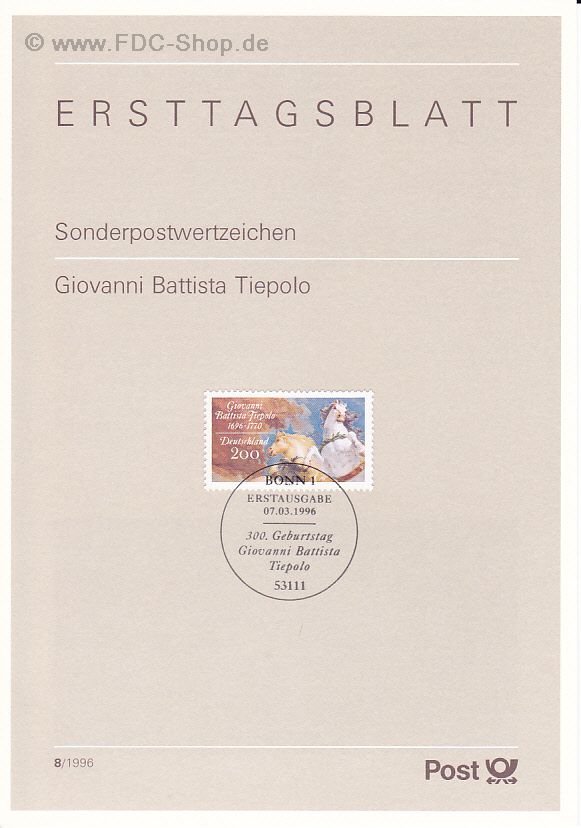 Ersttagsblatt BUND (08/1996) Mi-Nr: 1847, 300. Geburtstag von Giovanni Batista Tiepolo