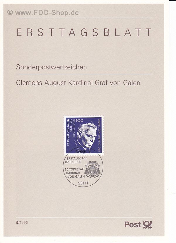 Ersttagsblatt BUND (09/1996) Mi-Nr: 1848, 50. Geburtstag von Clemens August Graf von Galen