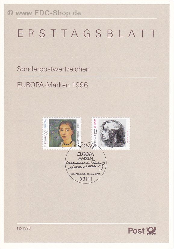 Ersttagsblatt BUND (12/1996) Mi-Nr: 1854-1855, Berühmte Frauen