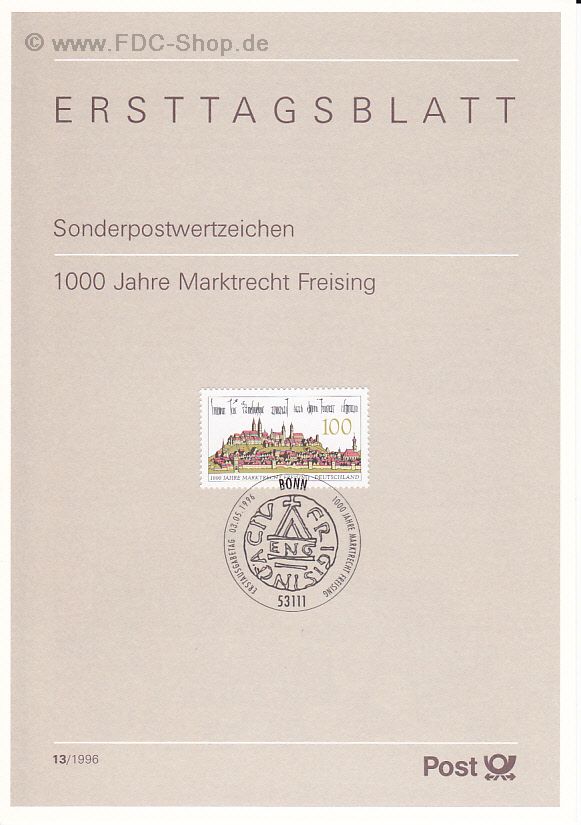 Ersttagsblatt BUND (13/1996) Mi-Nr: 1856, 1000 Jahre Marktrecht für Freising