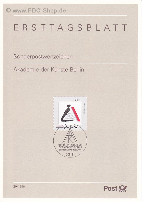 Ersttagsblatt BUND (20/1996) Mi-Nr: 1866, 300 Jahre Akademie der Künste, Berlin