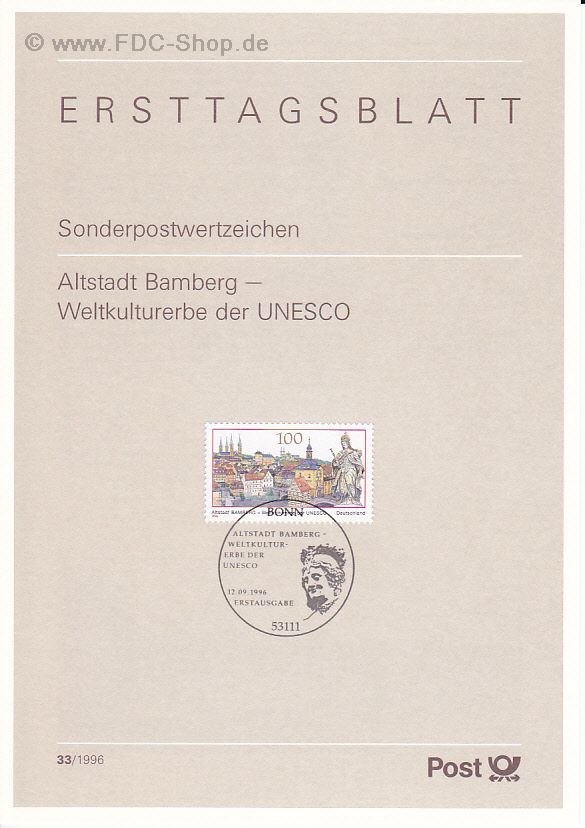 Ersttagsblatt BUND (33/1996) Mi-Nr: 1881, Kultur- und Naturerbe der Menschheit: Altstadt Bamberg