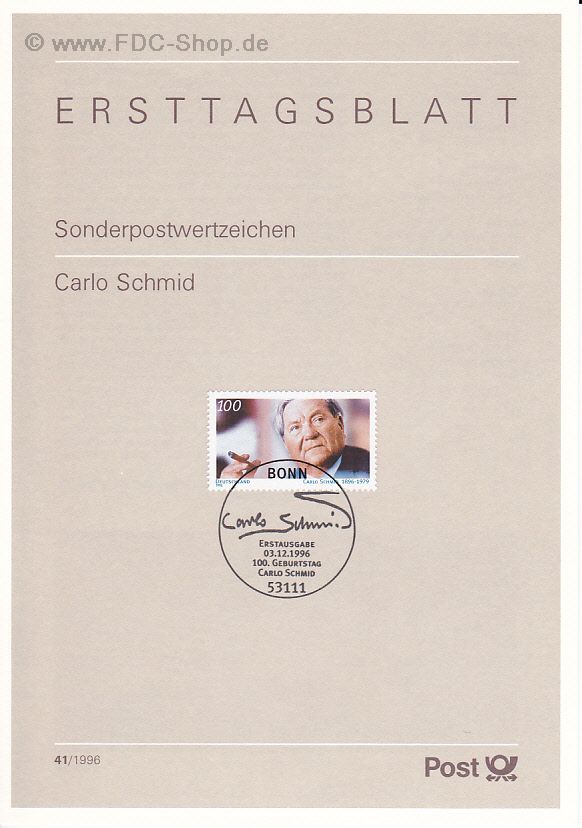 Ersttagsblatt BUND (41/1996) Mi-Nr: 1894, 100. Geburtstag von Carlo Schmid