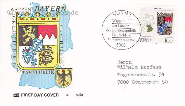 Ersttagsbrief BUND Mi-Nr: 1587, Wappen der Länder der Bundesrepublik Deutschland; Bayern