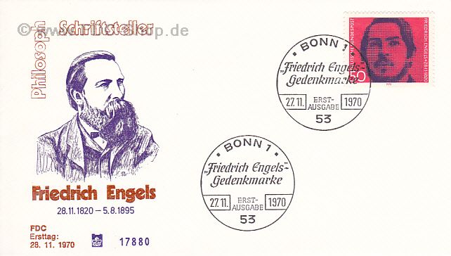 Ersttagsbrief BUND Mi-Nr: 657, 150. Geburtstag von Friedrich Engels