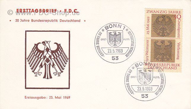 Ersttagsbrief BUND Mi-Nr: 585, 20 Jahre Bundesrepublik Deutschland