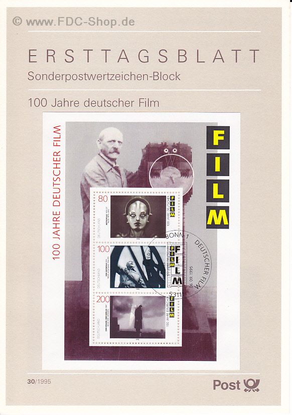 Ersttagsblatt BUND (30/1995) Mi-Nr: 1815-1817, 100 Jahre Deutscher Film (Block 33)