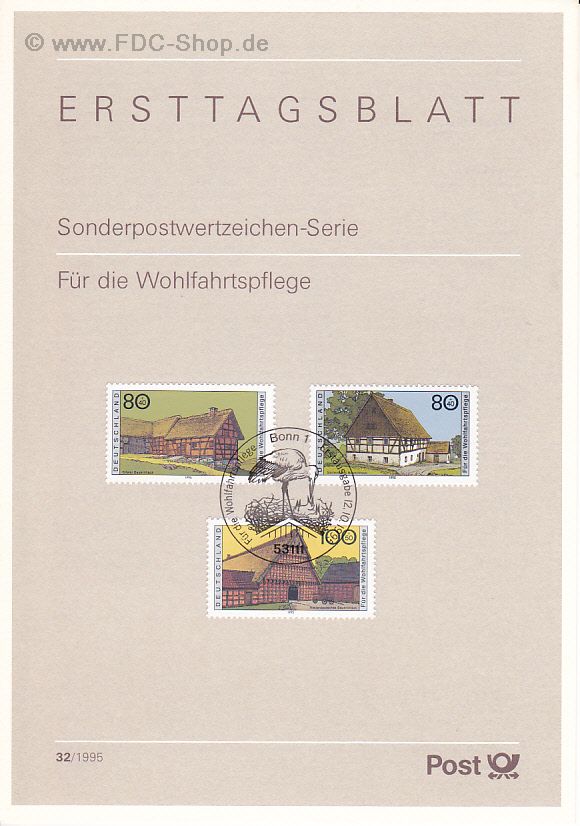 Ersttagsblatt BUND (32/1995) Mi-Nr: 1819-1821, Wohlfahrt: Gartenhäußer in Deutschland