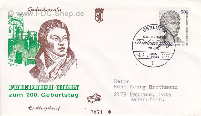 Ersttagsbrief BERLIN Mi-Nr: 422, 200. Geburtstag von Friedrich Gilly