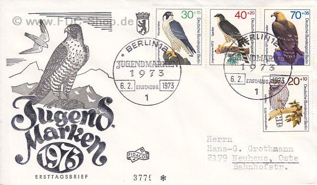 Ersttagsbrief BERLIN Mi-Nr: 442-445, Jugend; Greifvögel