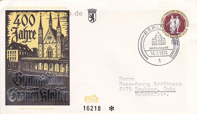Ersttagsbrief BERLIN Mi-Nr: 472, 400 Jahre Gymnasium zum Grauen Kloster Berlin