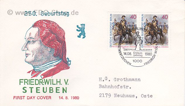 Ersttagsbrief BERLIN Mi-Nr: 628, 250. Geburtstag von Friedrich Wilhelm von Steuben
