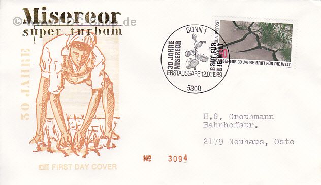 Ersttagsbrief BUND Mi-Nr: 1404, 30 Jahre kirchliche Hilfsorganisationen "Misereor" und "Brot für die Welt"