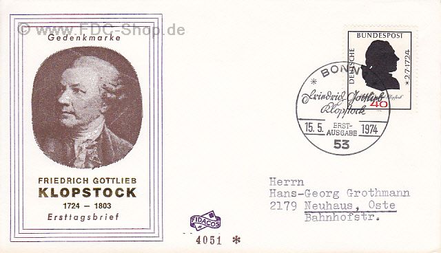 Ersttagsbrief BUND Mi-Nr: 809, 250. Geburtstag von Freidrich Gottlieb Kloppstock