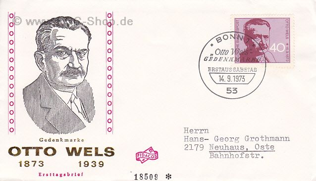 Ersttagsbrief BUND Mi-Nr: 780, 100. Geburtstag von Otto Wels