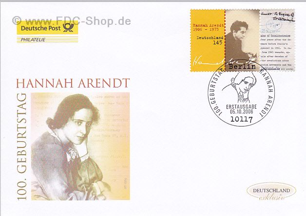 Ersttagsbrief BUND Mi-Nr: 2566, 100. Geburtstag von Hannah Arendt