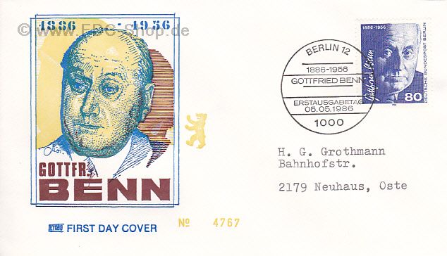 Ersttagsbrief BERLIN Mi-Nr: 760, 100. Geburtstag von Gottfried Benn
