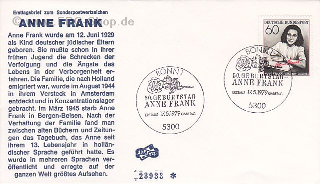 Ersttagsbrief BUND Mi-Nr: 1013, 50. Geburtstag von Anne Frank