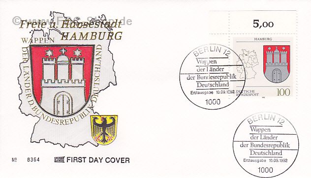 Ersttagsbrief BUND Mi-Nr: 1591, Wappen der Länder: Hamburg (Stempel Berlin)