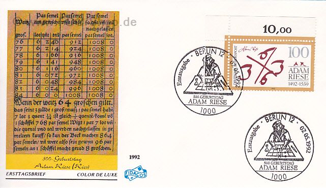 Ersttagsbrief BUND Mi-Nr: 1612, 500. Geburtstag von Adam Riese (Stempel Berlin)