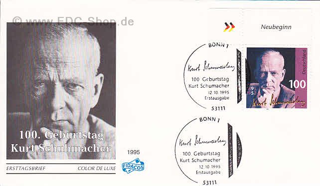 Ersttagsbrief BUND Mi-Nr: 1824, 100. Geburtstag von Kurt Schumacher (SS Bonn)