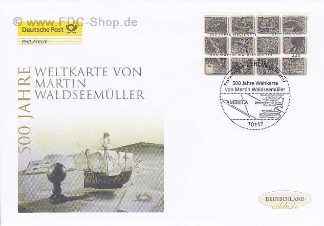 Ersttagsbrief BUND Mi-Nr: 2598, 500 Jahre Weltkarte von Martin Waldseemüller