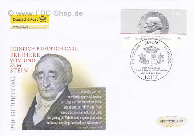 Ersttagsbrief BUND Mi-Nr: 2624, 250. Geburtstag von Freiherr vom und zum Stein