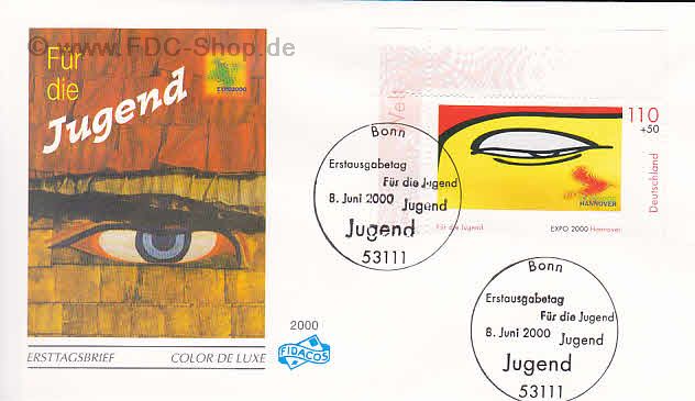 Ersttagsbrief BUND Mi-Nr: 2120, Jugend: EXPO 2000 - Treffpunkt der Jugend der Welt; Auge des Buddha