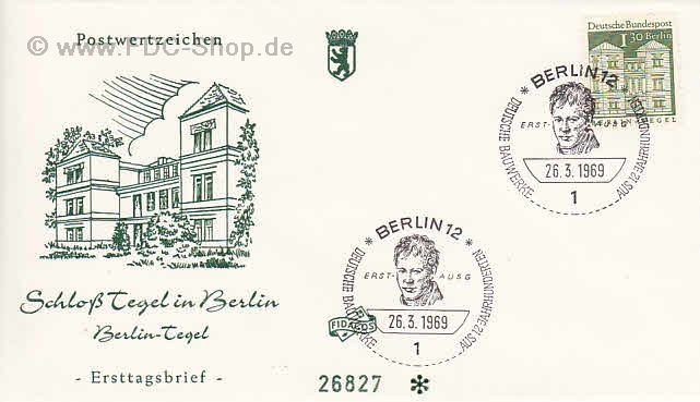 Ersttagsbrief BERLIN Mi-Nr: 284, Freimarke: Deutsche Bauwerke aus zwölf Jahrhunderten: Schloß Tegel, Berlin