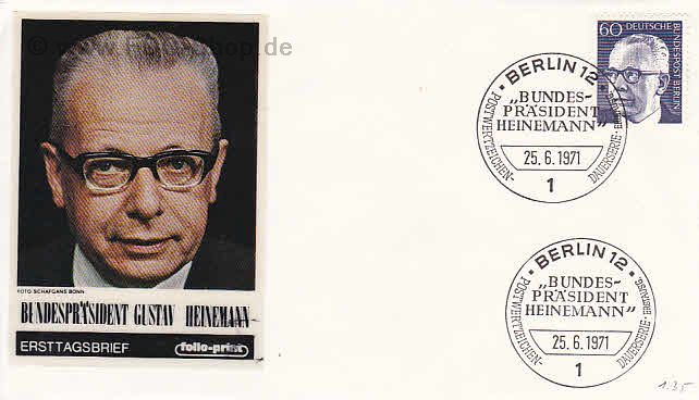 Ersttagsbrief BERLIN Mi-Nr: 394, Freimarke: Bundespräsident Dr. Gustav Heinemann