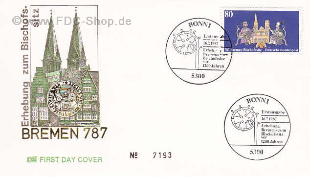 Ersttagsbrief BUND Mi-Nr: 1329, 1200. Jahrestag der Erhebung Bremens zum Bischofssitz