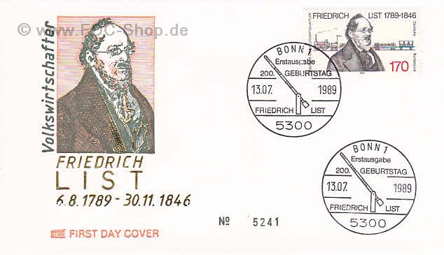 Ersttagsbrief BUND Mi-Nr: 1429, 200. Geburtstag von Friedrich List