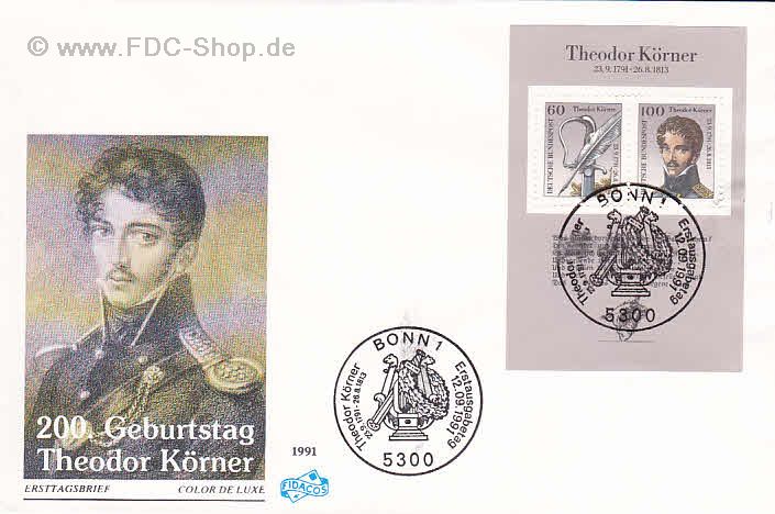 Ersttagsbrief BUND Mi-Nr: 1559-1560, 200. Geburtstag von Theodor Körner (Block 25)