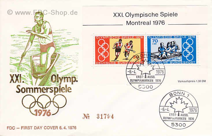 Ersttagsbrief BUND Mi-Nr: 888-889, Olympische Sommerspiele, Montreal, Block 12