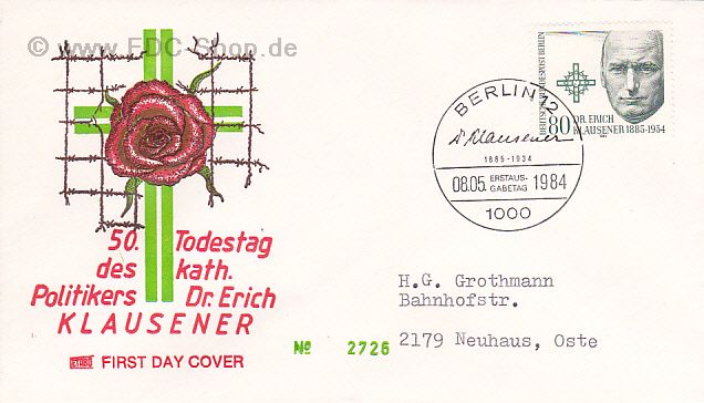 Ersttagsbrief BERLIN Mi-Nr: 719, 50. Todestag von Dr. Erich Klausner
