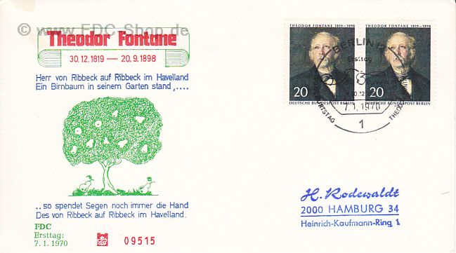 Ersttagsbrief BERLIN Mi-Nr: 353, 150. Geburtstag von Theodor Fontane