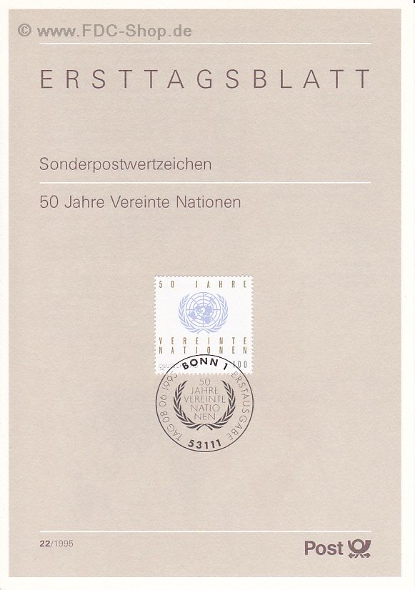 Ersttagsblatt BUND (22/1995) Mi-Nr: 1804, 50 Jahre Vereinte Nationen (UNO)