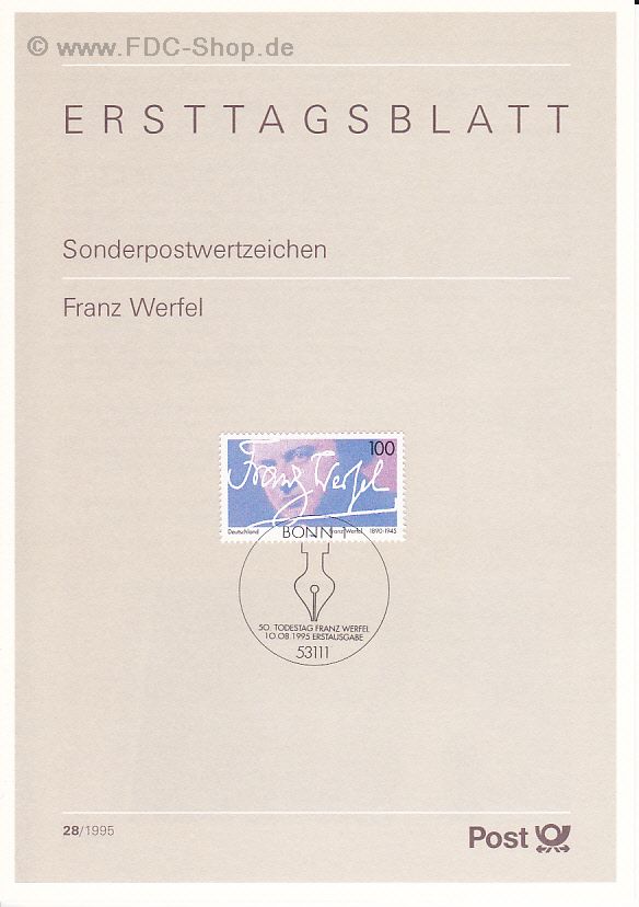Ersttagsblatt BUND (28/1995) Mi-Nr: 1813, 50. Todestag von Franz Werfel