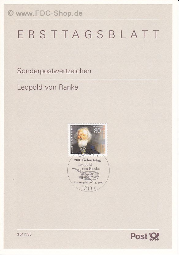 Ersttagsblatt BUND (35/1995) Mi-Nr: 1826, 200. Geburtstag von Leoplod von Ranke