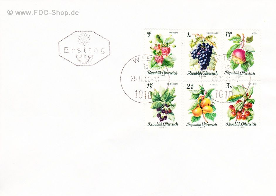 Ersttagsbrief Österreich Mi-Nr: 1223-1228, Freimarken: Einheimische Obstsorten