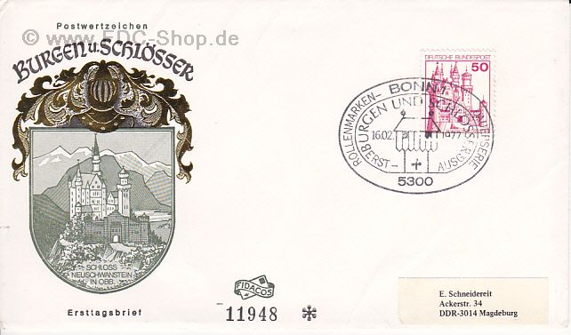 Ersttagsbrief BUND Mi-Nr: 916, Freimarken: Burgen und Schlösser; Schloß Neuschwanstein