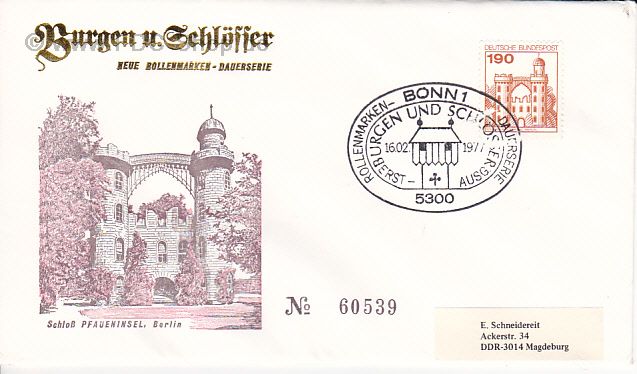 Ersttagsbrief BUND Mi-Nr: 919, Freimarken: Burgen und Schlösser; Schloß Pfaueninsel, Berlin