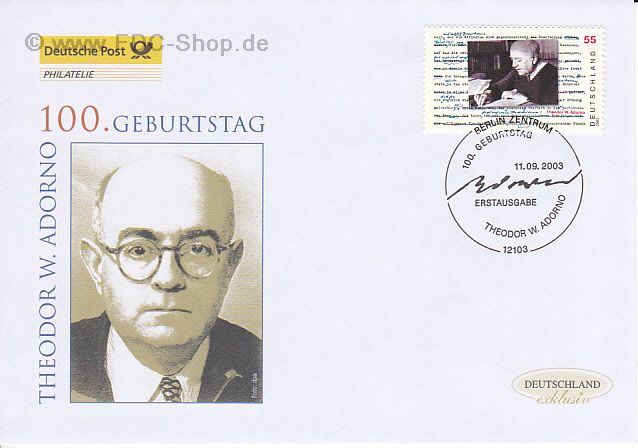 Ersttagsbrief BUND Mi-Nr: 2361, 100. Geburtstag von Theodor W. Adorno