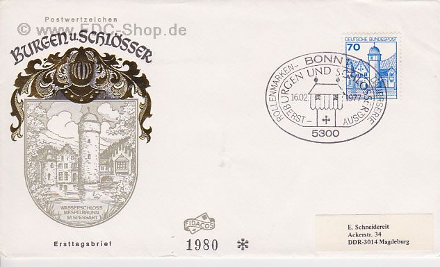 Ersttagsbrief BUND Mi-Nr: 918, Freimarken: Burgen und Schlösser; Wasserschloß Mespelbrunn