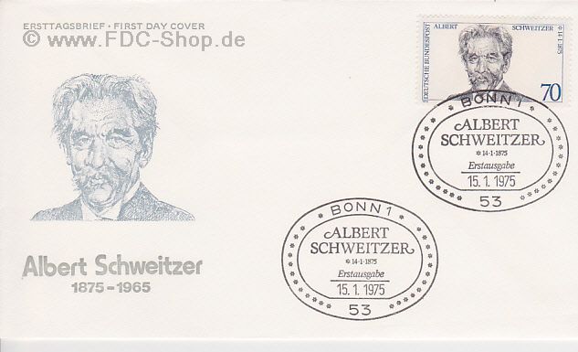 Ersttagsbrief BUND Mi-Nr: 830,100. Geburtstag von Dr. Albert Schweitzer