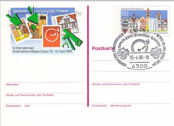Ganzsache BUND Mi-Nr: 1271, 1250 Jahre Bad Hersfeld (Sonderstempel 6. Int. Briefmarkenmesse Essen 10.04.1986)