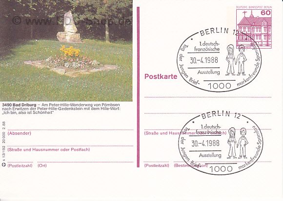 Ganzsache BERLIN Mi-Nr: 611, Freimarken Burgen und Schlösser (Sonderstempel Tag der jungen Briefmarkenfreunde Spandau 30.04.1988)