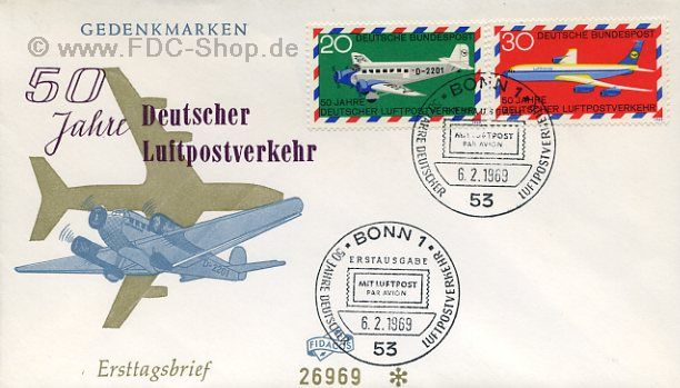 Ersttagsbrief BUND Mi-Nr: 576-577, 50 Jahre Deutscher Luftpostverkehr
