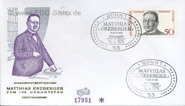 Ersttagsbrief BUND Mi-Nr: 865, 100. Geburtstag von Matthias Erzberger